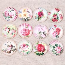 Lot 20 cabochons rond en verre 25 mm Fleur Rose