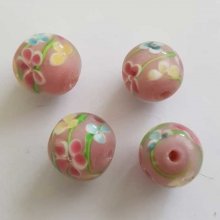 Perle fantaisie ronde céramique verre rose 15 mm N°01 Fleurs