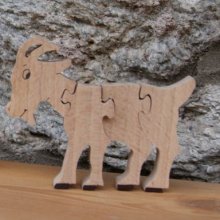 Puzzle bois massif 4 pièces chèvre Hetre fait main, animaux de la ferme