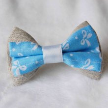 Barrette double noeud lin naturel, coton bleu ciel motif noeud avec bande blanche