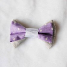 Barrette double noeud lin naturel, coton violet à pois blanc avec bande blanche