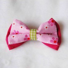 Barrette double noeud lin naturel, coton violet à pois blanc avec bande blanche