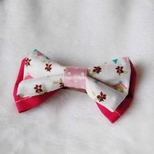 Barrette double noeud coton uni rose foncé et motif nichoirs avec bande rose à pois blanc