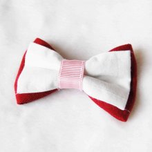 Barrette double noeud coton uni rouge et blanc avec bande rose clair