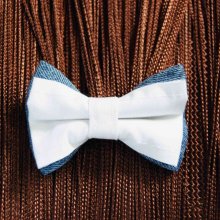 Barrette double noeud jeans bleu, coton blanc avec bande blanc
