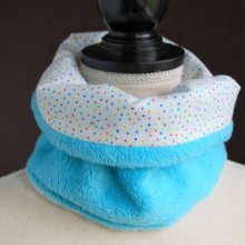 Echarpe fermée pour enfant en polaire bleu turquoise et coton petits pois multicouleurs