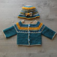 Ensemble gilet et chapeau style jacquard crocheté main couleur vert, beige, bleu, jaune