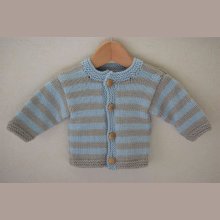 Gilet enfant 12-18 mois en coton bleu-taupe manches longues avec boutons ronds en bois
