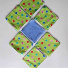 Ensemble de 7 lingettes en éponge velours et coton vert pois multicouleurs
