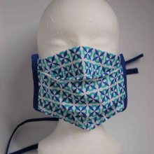 Masque adulte en coton double épaisseur forme géométrique vert bleu avec liens bleus