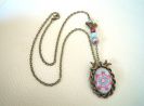 Collier pendentif cabochon Oiseaux Bleu mauve