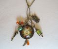 Collier pendentif hippie chic bronze cabochon horloge