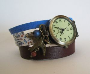Multi strand leather Liberty fabric bracelet watch 