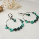 Boucles d'oreilles grandes créoles acier et perles turquoises