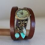 Montre bracelet cuir 3 tours pendentifs Turquoise