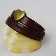 Bracelet double cuir cognac gravé et coeur
