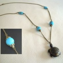 Sautoir pendentif gousset tortue pierres turquoises