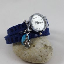 Montre bracelet suédine bleu 2 tours cadran argenté