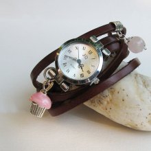 Montre bracelet cuir 5 tours décor gourmand