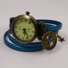 Montre bracelet double cuir turquoise décor ange