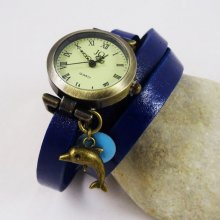 Montre fille bracelet cuir bleu Dauphin