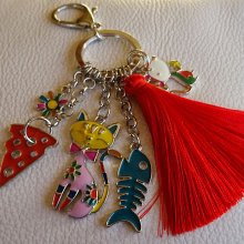 Porte-clé pendentifs Chat & souris pompon rouge