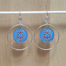 Boucles d'oreille pendantes enluminées fleur bleu/argenté/vert/rosé