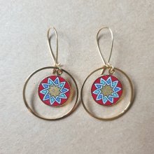 Boucles d'oreille pendantes rosace doré/rouge/bleu/vert anneau doré