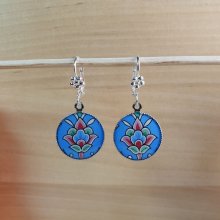 Boucles d'oreille pendantes enluminées fleur bleu/argenté/vert/rosé