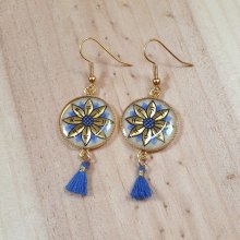 Boucles d'oreille pendantes enluminées fleur dorée/rouge