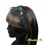 Headband bandeau turquoise cheveux dentelle et plumes bleu turquoise et noir