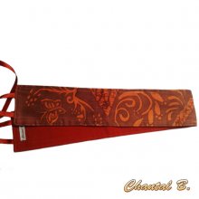 Ceinture large soie sauvage motifs arabesques orange fond brun fauve à nouer