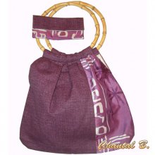 Sac cabas bandoulière et pochette violet motif bambou soie et coton