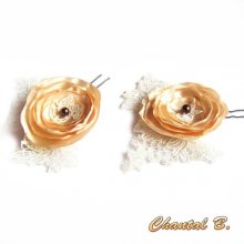 lot de 2 pics fleur à chignon épingles à cheveux mariage fleur de satin sur dentelle ivoire perle chocolat