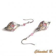 boucles d'oreilles mariée perles swarovski rose et gris perles nacrées grain de riz et  argent plaqué argent