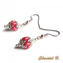 boucles d'oreilles Saint Valentin mariage perles swarovski cristal perles de verre corail nacré et argent