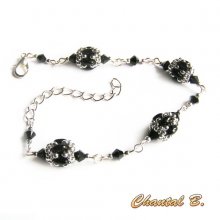 bracelet cristal swarovski perles de verre noir brillant et argent tissées