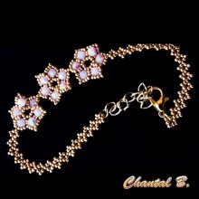 bracelet de mariée fleurs de perles roses tissées et doré