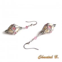 Boucles d'oreilles mariage perles swarovski rose et gris perles nacrées grain de riz et argent plaqué argent