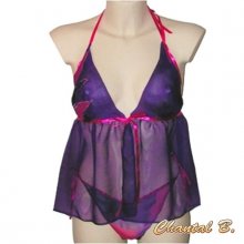 lingerie Saint Valentin ensemble déshabillé soie  violet Bali et string peint main