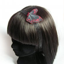 bandeau cheveux dentelle noire fleur d'organza et plumes fushia headband mariage fait main