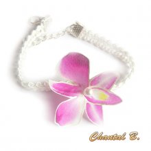 Bracelet mariée orchidée de soie rose peinte sur guipure  