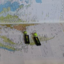 Boucles d'Oreilles en Ardoise Jaune et Vert, Montage en Acier Inoxydable; Création Unique