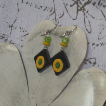 Boucles d'oreille pour Femme en Ardoise et Email, Jaune et Vert, Création Unique