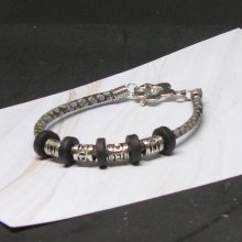 Bracelet Femme en Cuir Gris Perle Argentée et Noire, Création Unique