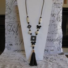 Collier Long, Sautoir pour Femme en Ardoise et Perles, Noir et Banc, Création unique