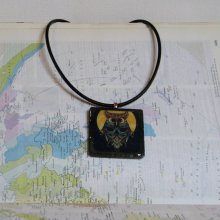Gros Pendentif Chouette Sur Ardoise et Résine, Cordon Cuir Noir, Création Unique