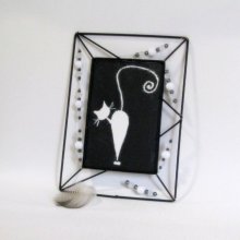 Tableaux Chats Emaillés sur une Ardoise et Cadre Métal Noir et Perles, Créations Artisanales