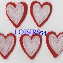 Coeur feutrine rouge et blanc 35 mm autocollant lot de 5 pièces pour décoration