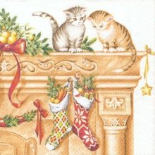 Serviette papier Chaton de Noël sur cheminée 33 cm X 33 cm 